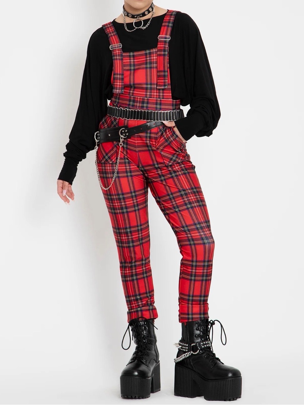 Blackmilk Red Plaid Skinny Pinafore Jumpsuit